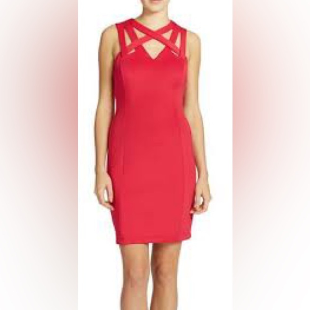 Coral Guess body con sheath dress with cross-cross front straps, size 10.  NWT
